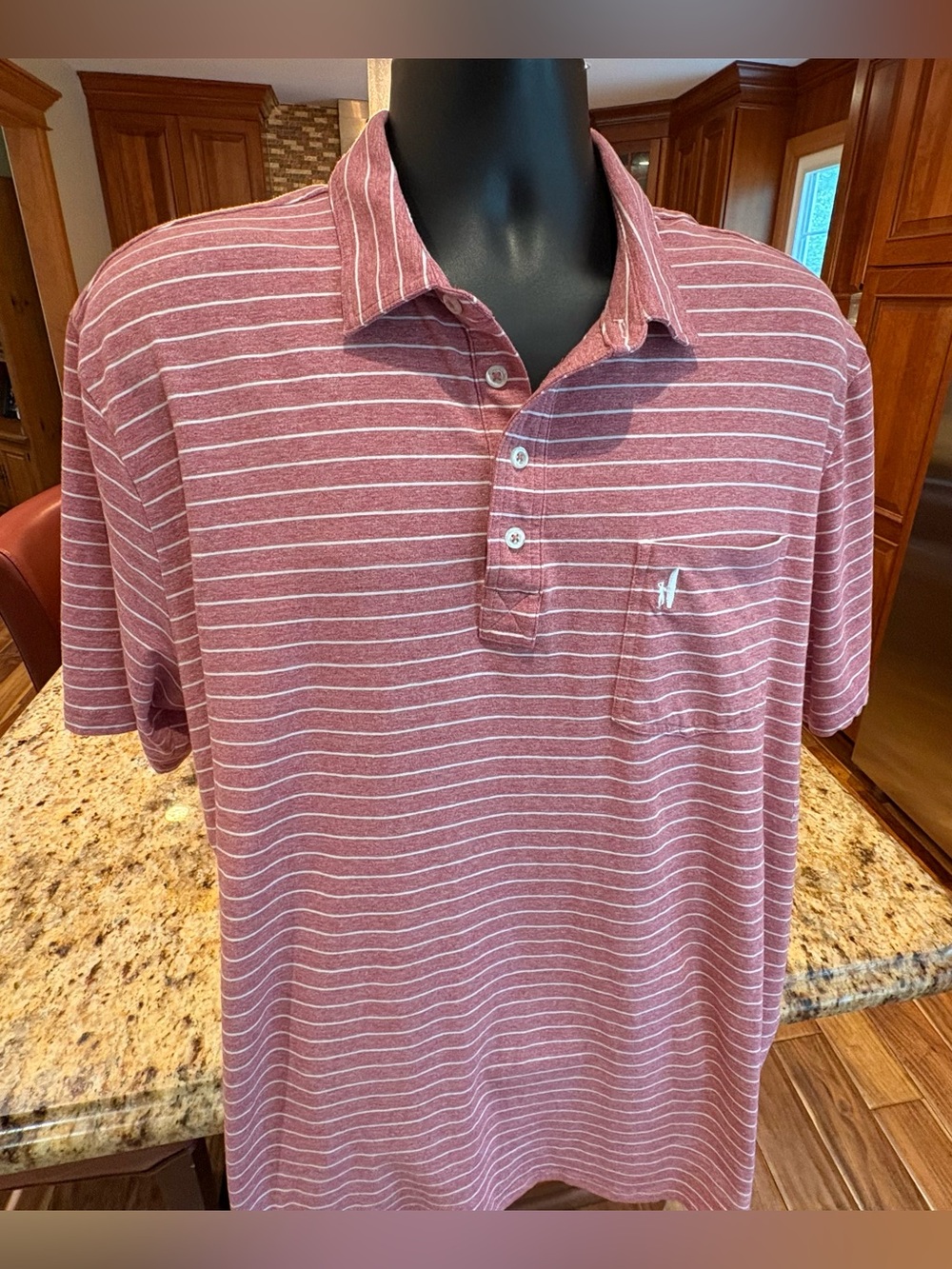 johnnie-O Men's “Hangin’ Out” pocket polo. Sharp Maroon & White Striped w/logo.